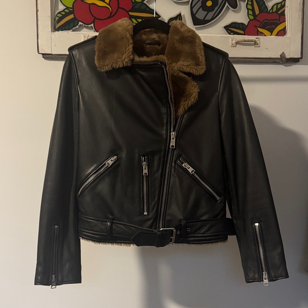 All Saints Black Leather Jacket with Brown Fur Trim